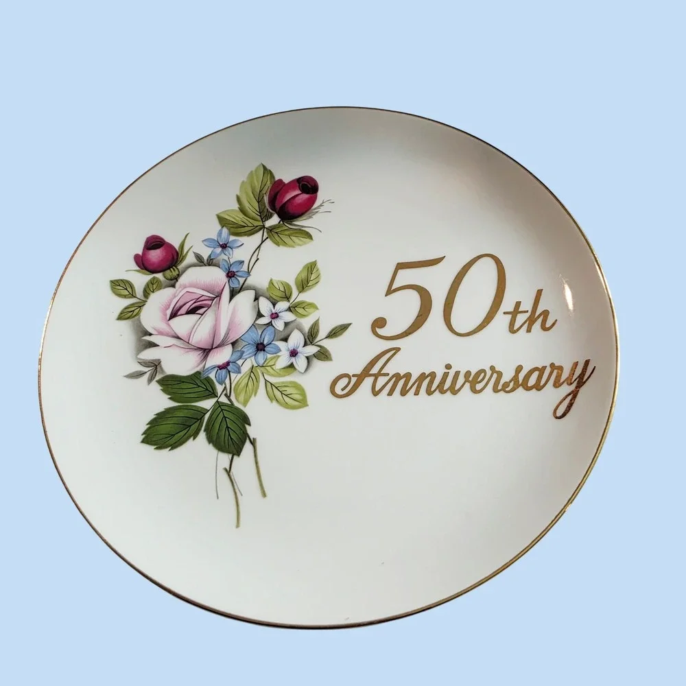 Vintage 50th Anniversary Porcelain Plate Floral Gold Trim Celebration Home Decor